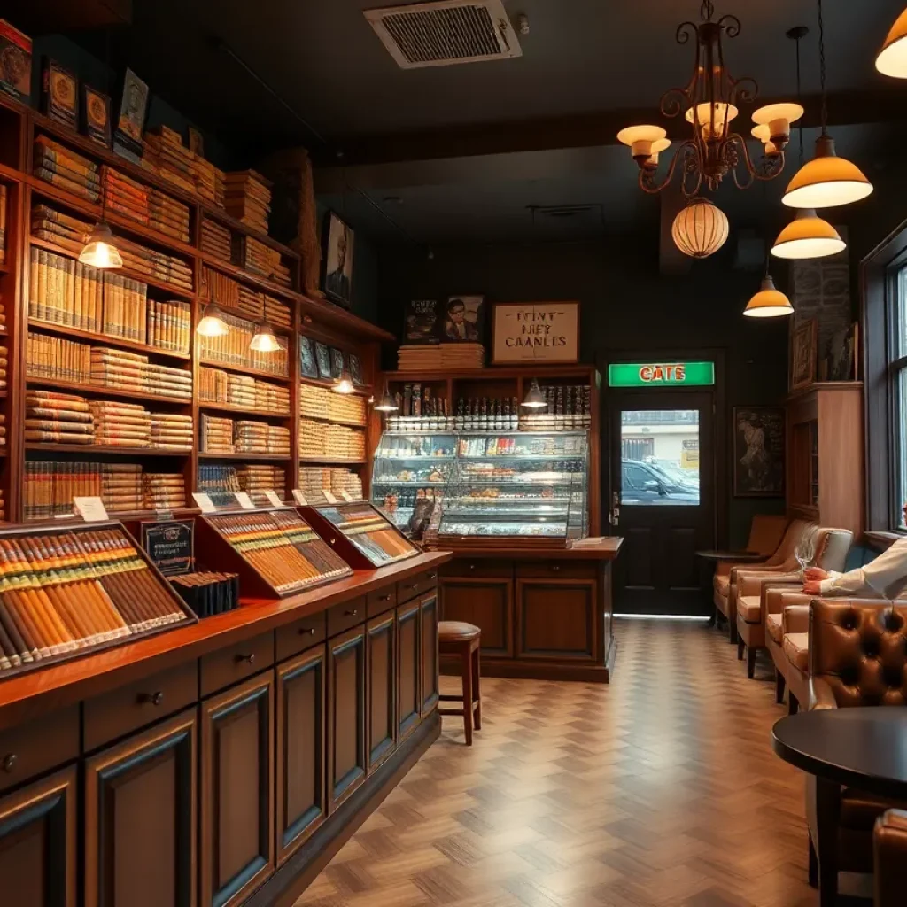 Interior of East Pecan Cigars shop with a cozy atmosphere and cigar displays