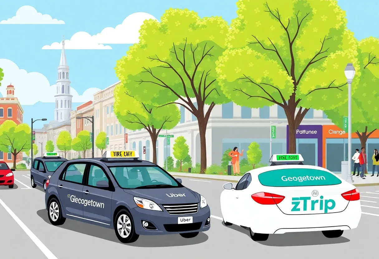 Illustration of Georgetown's rideGTX transportation program showcasing Uber and zTrip vehicles.