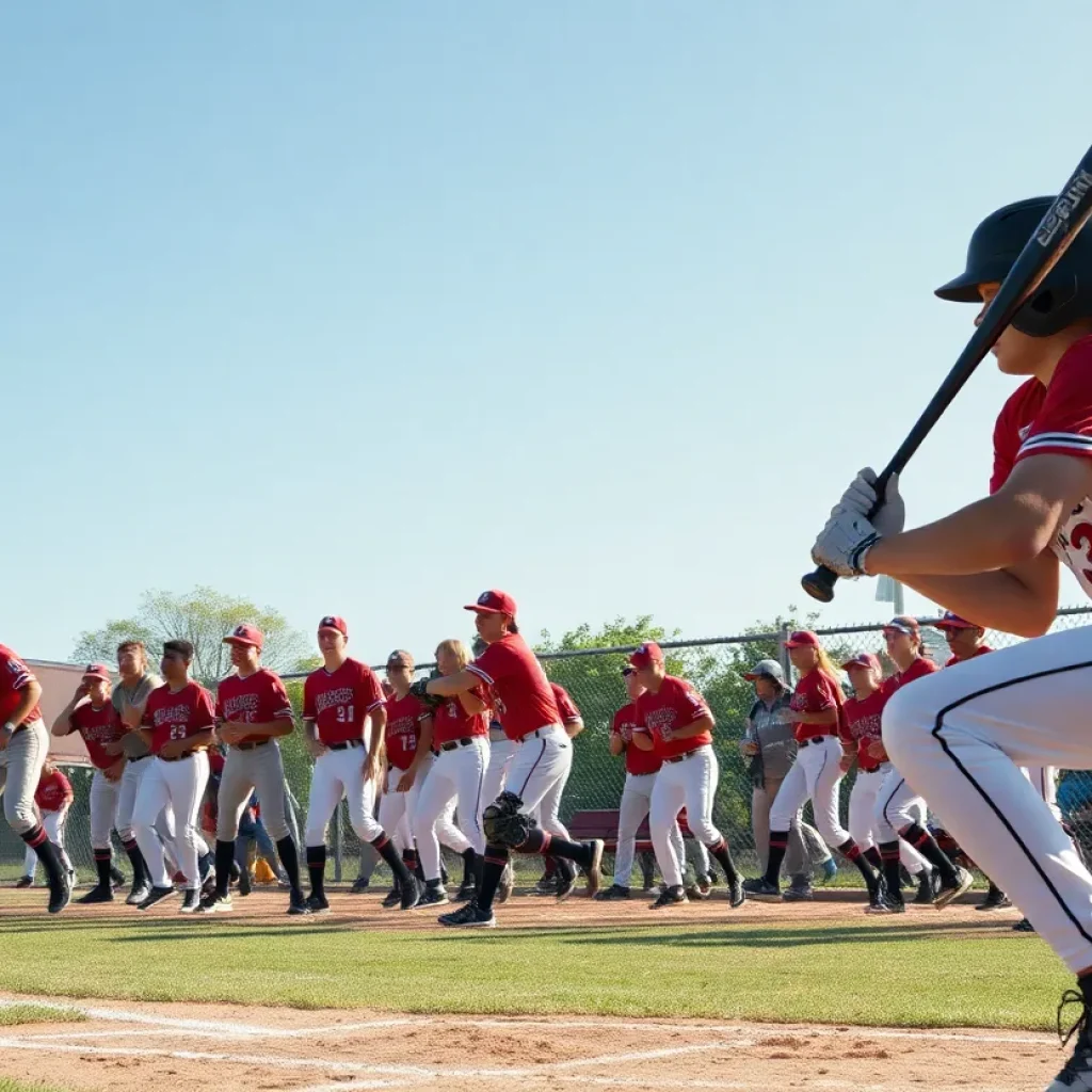 Players from Nederland High School's baseball team in action during a playoff game.
