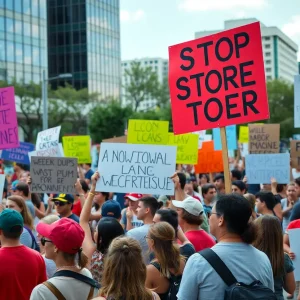 A diverse group of protesters at the No Kings protests in Pflugerville, Texas, holding signs against authoritarianism.