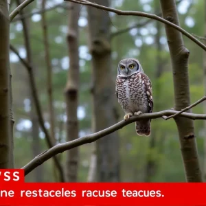 Owl perched on a tree branch in a forest setting.