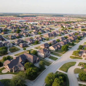 Aerial view of housing neighborhoods in Round Rock with children playing and families moving in.