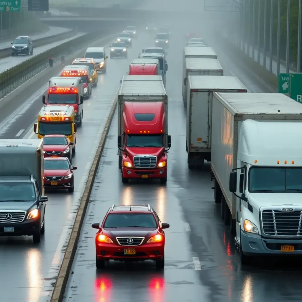 Scene showing heavy traffic and emergency responders on I-35 in Georgetown, Texas.